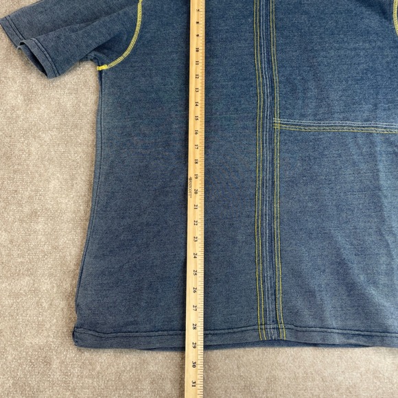 DUR ESCAPE LAND Denim Look TShirt Yellow Stitching L Mens Casual Short Sleeve - Picture 5 of 12